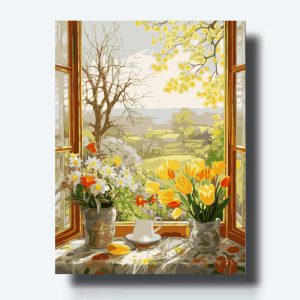 Kit de pintura de flores y té en la ventana