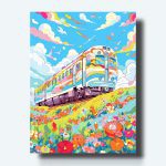 Kit de pintura de tren colorido entre flores