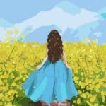 Kit de pintura de chica con vestido azul entre flores