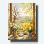 Kit de pintura de flores y té en la ventana